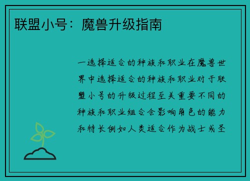 联盟小号：魔兽升级指南