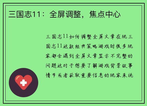 三国志11：全屏调整，焦点中心